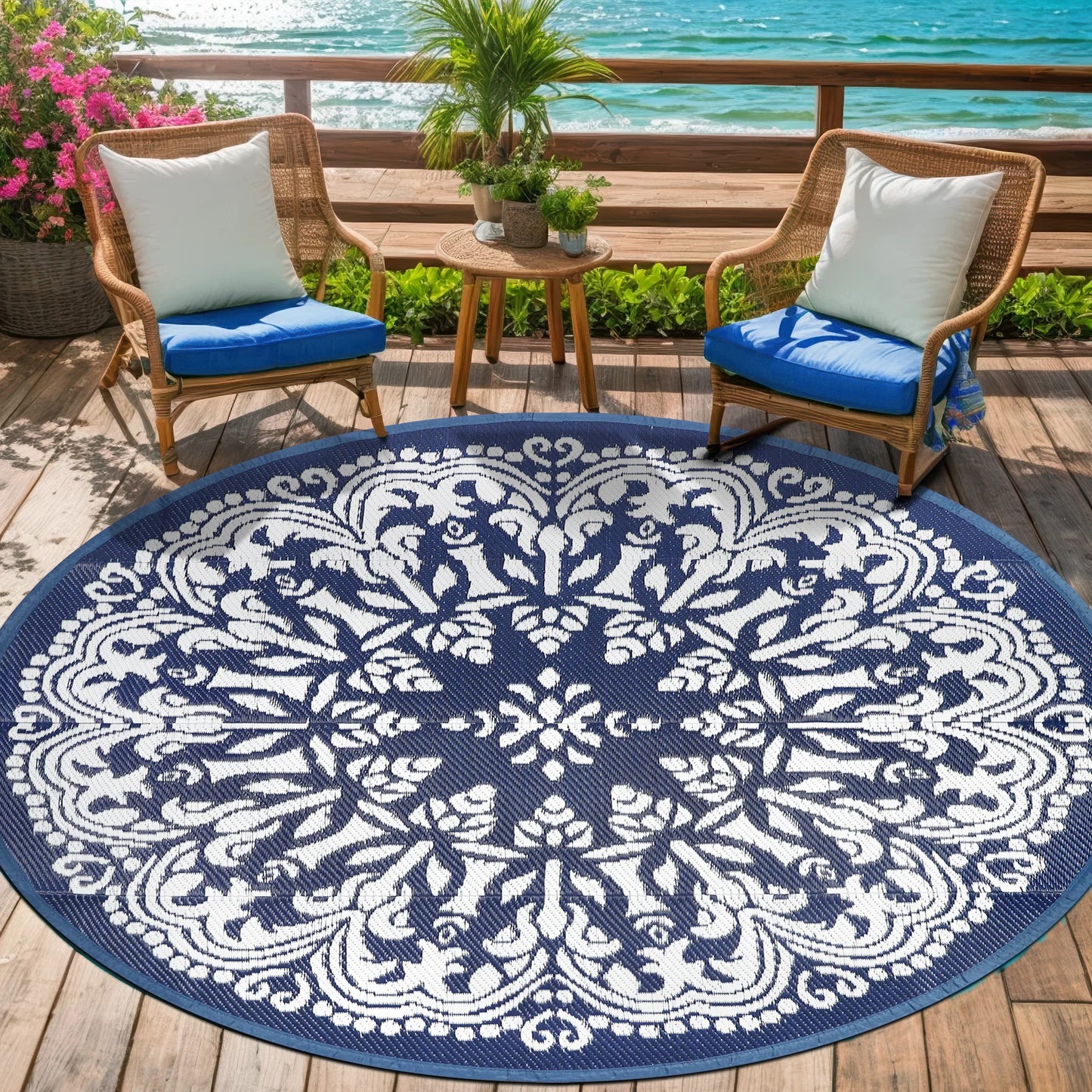 8ft Round Outdoor Patio Rug, Reversible,Lightweight