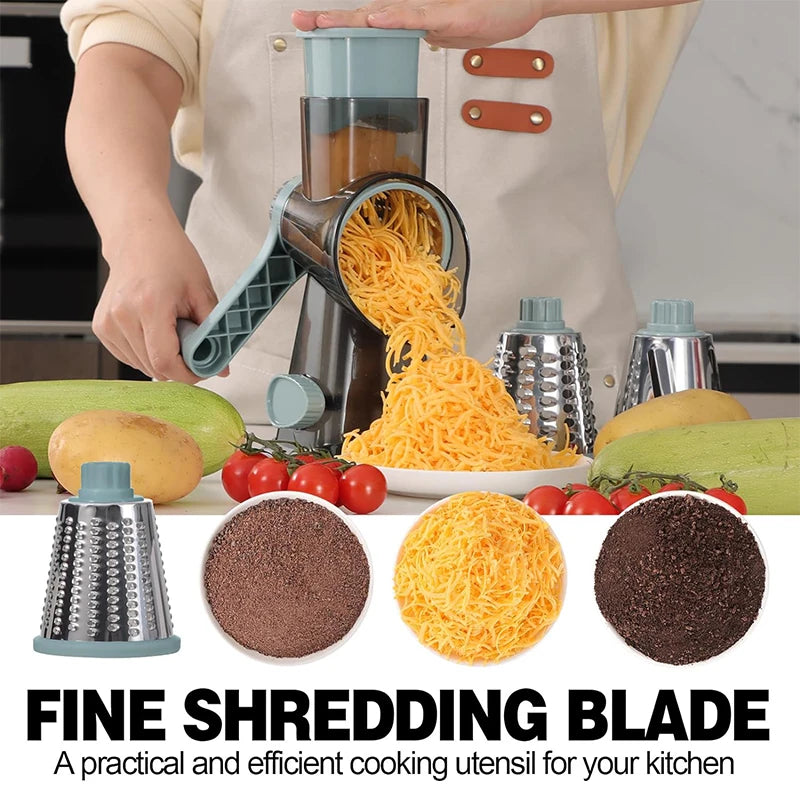 3‑in‑1 Rotary Cheese Grater – Manual Vegetable Slicer & Nut Grinder with Clear Hopper