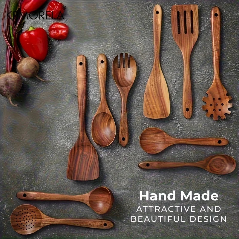 10PCS Natural Wooden Spoon Set Cooking Utensils for Salad Soup Noodles Kitchen Utensil Kit with Spoons Ladles