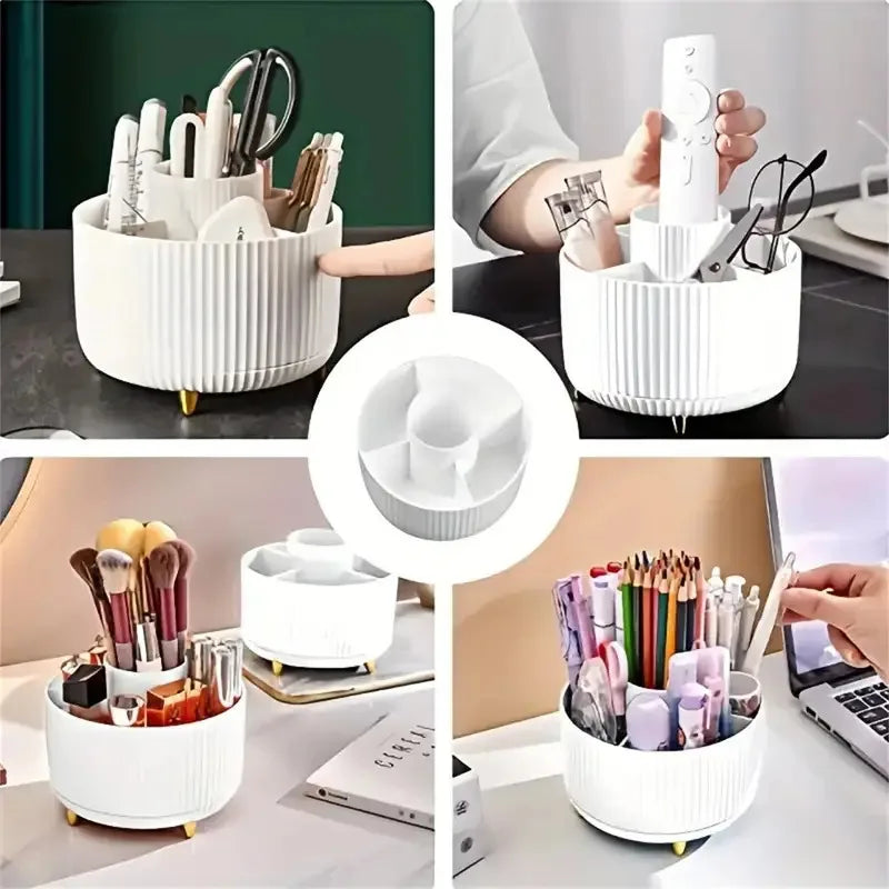 360° Rotating Makeup Organizer with 5 Compartments - Multi-Functional Holder for Brushes