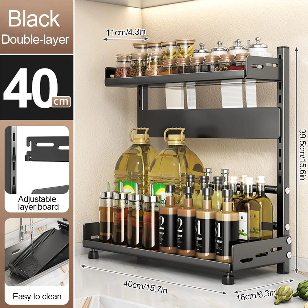 3‑Tier Spice Storage Rack – Adjustable Countertop Organizer, Metal Shelf in Black