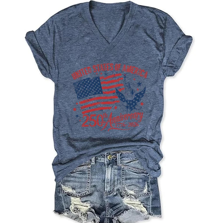 4th of July V-neck T-Shirt Women Clothing America 250th Anniversary Graphic T Shirt 1776-2026 USA 250th Birthday Tops