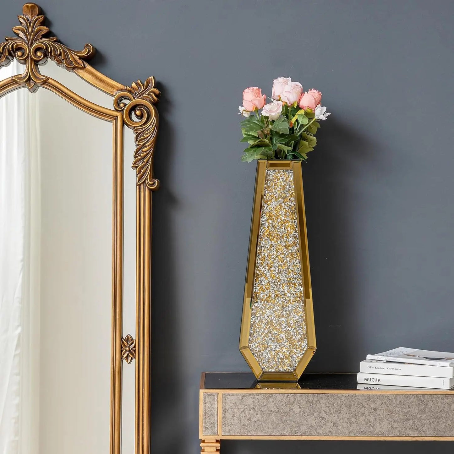 24" Gold Crushed Diamond Floor Vase – Tall Mirrored Crystal Decorative Vase for Pampas Grass & Home Décor