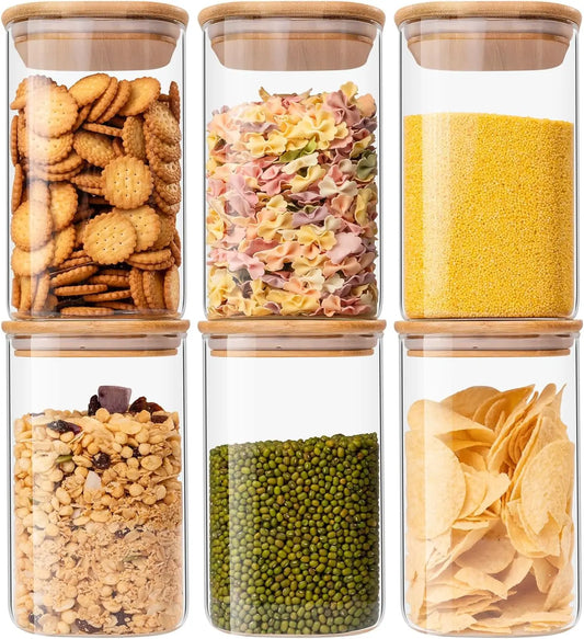 Glass Food Storage Jars 37oz Set of 6, Airtight Bamboo Lid Containers for Tea, Coffee, Flour, Sugar & More