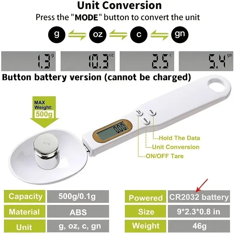 Mini Spoon Digital Kitchen Scale, Electronic LCD Food Scale 0.1-500g