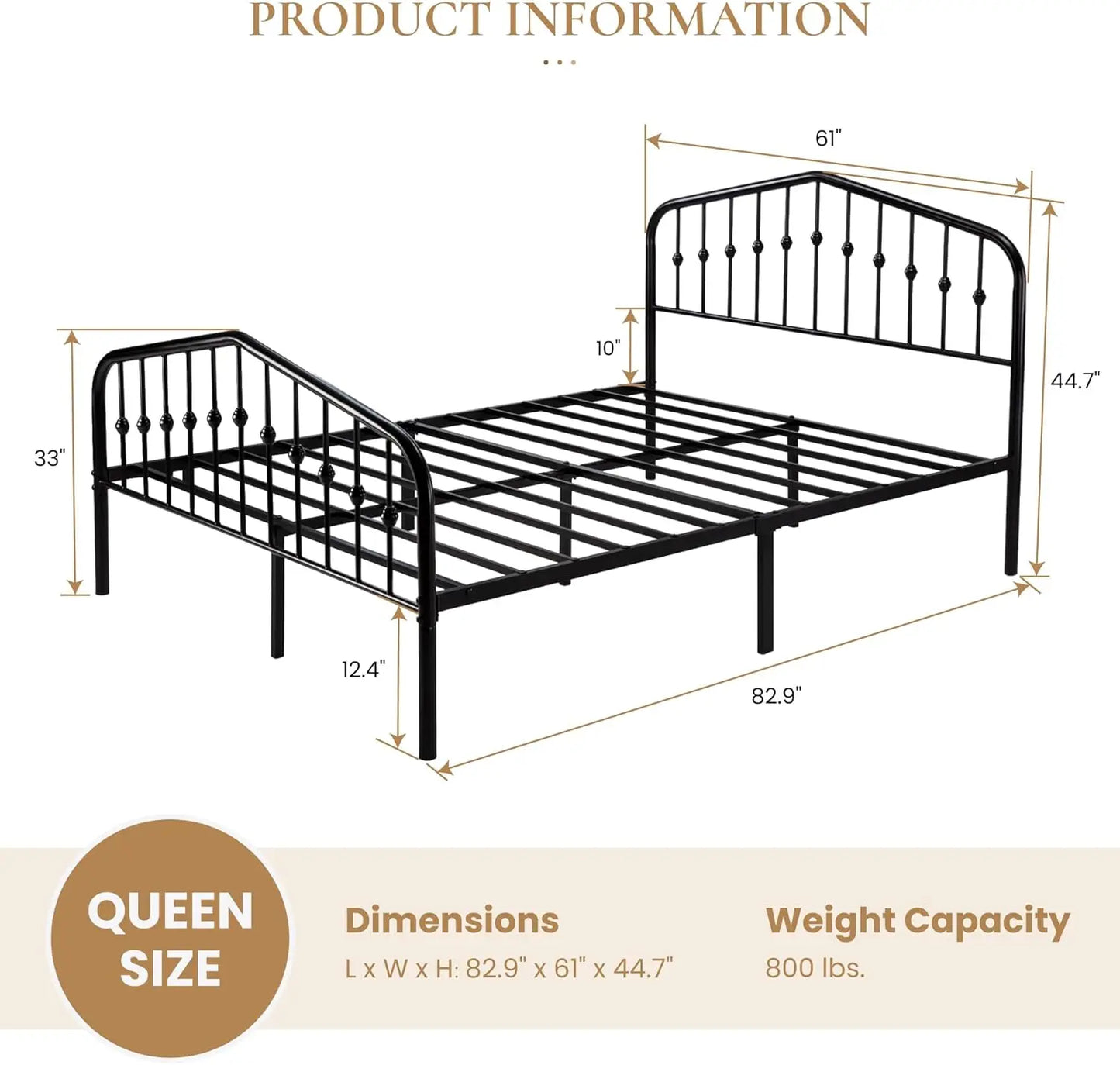 Queen Size Metal Bed Frame with Victorian Iron Headboard, Black