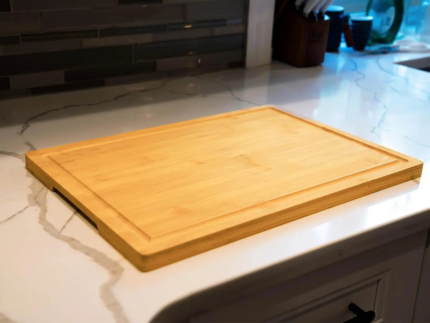 Large Bamboo Cutting Board with Handles and Juice Grooves, Perfect for Kitchen and Charcuterie