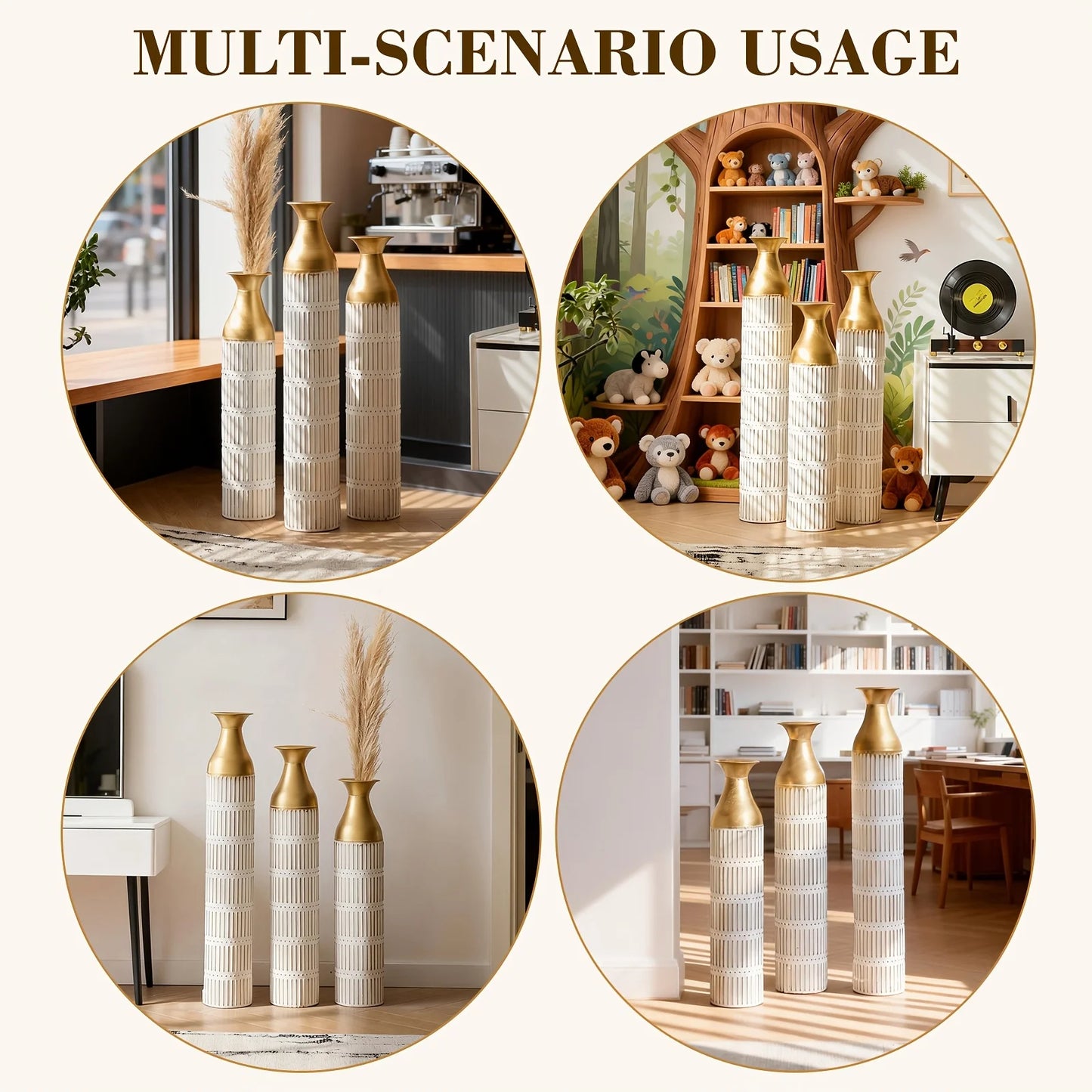 Modern Metal Floor Vases in Gold & White (Set of 3)
