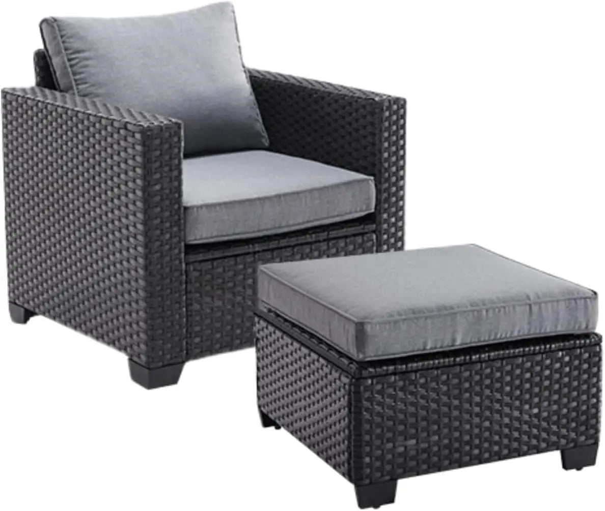 Outdoor Sectional Sofa Set with Ottoman – Water/Oil/Stain‑Resistant Fabric, Dark Gray Cushions & Gray Wicker