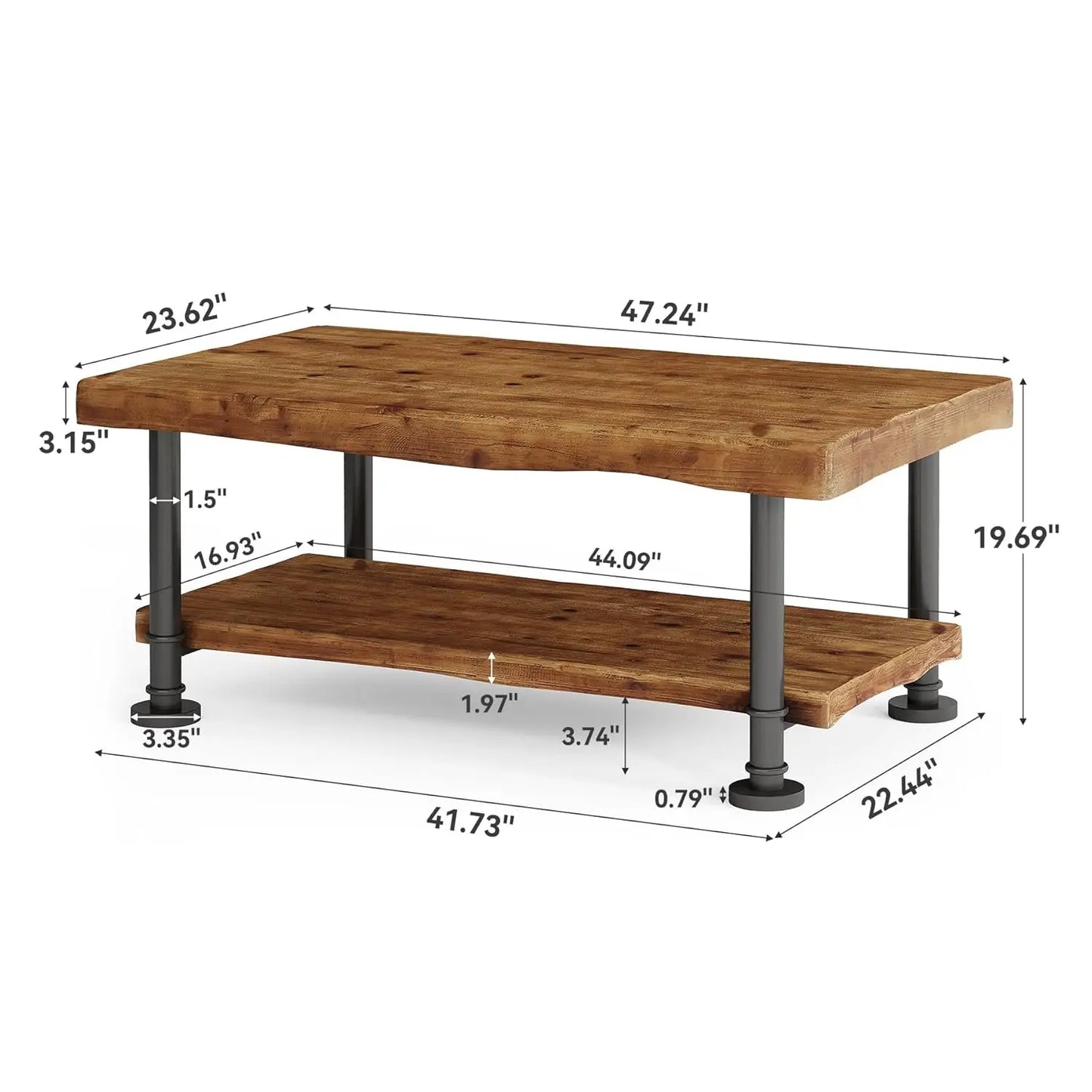 47" Coffee Table, Farmhouse Solid Wood Accent Center Table with 2-Tier Live Edge Shelf & Metal Legs, Rectangular