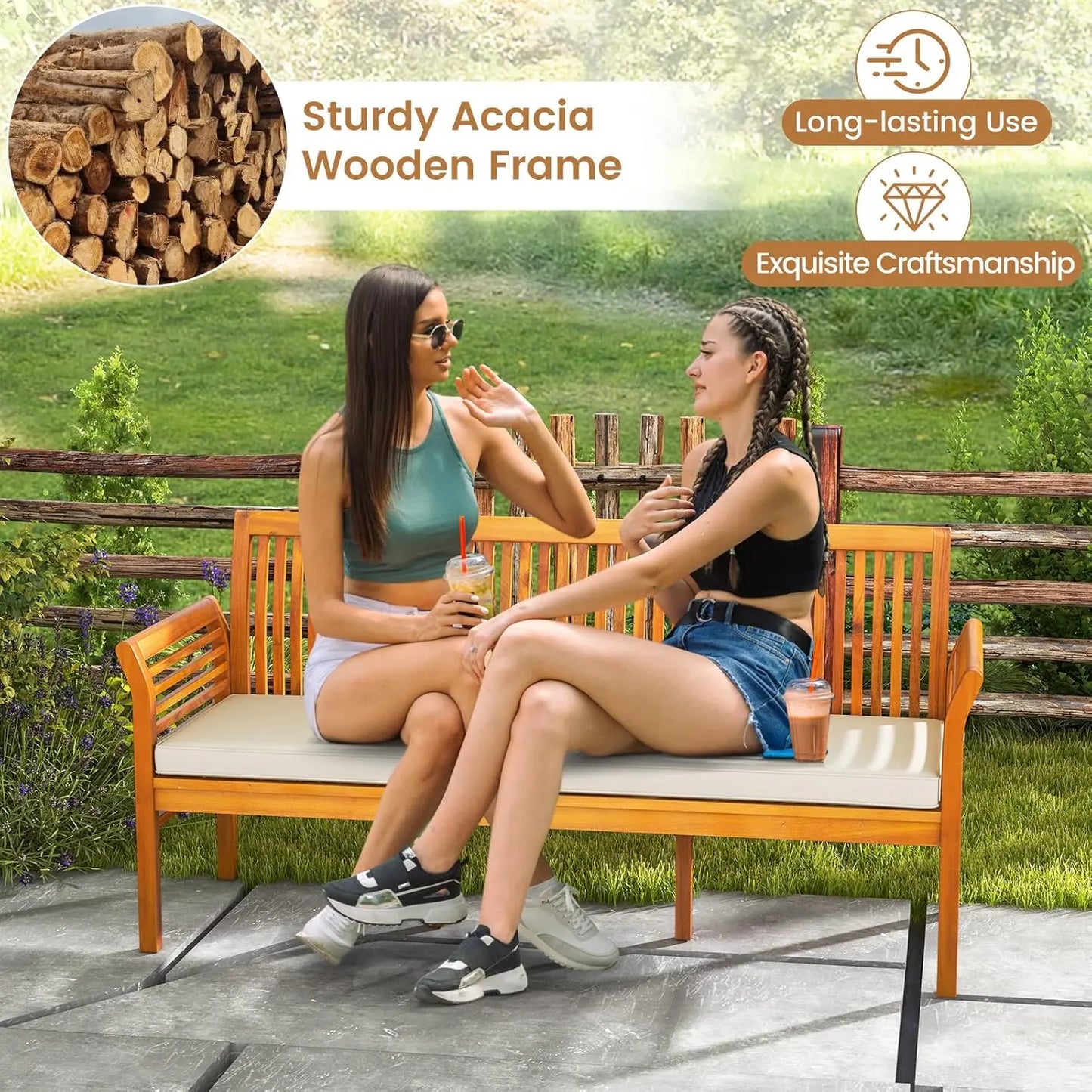 Wooden Outdoor Bench with Cushion Curved Armrest Slatted Back, 23x62.5x30.5,