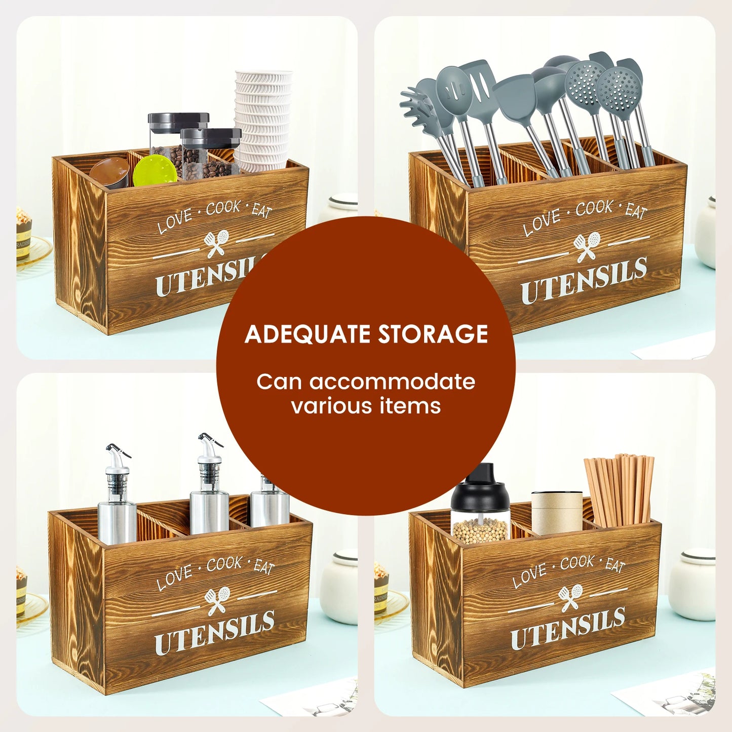 Wood Kitchen Utensil Holder – Large Spoon, Fork & Tableware Storage Caddy Organizer