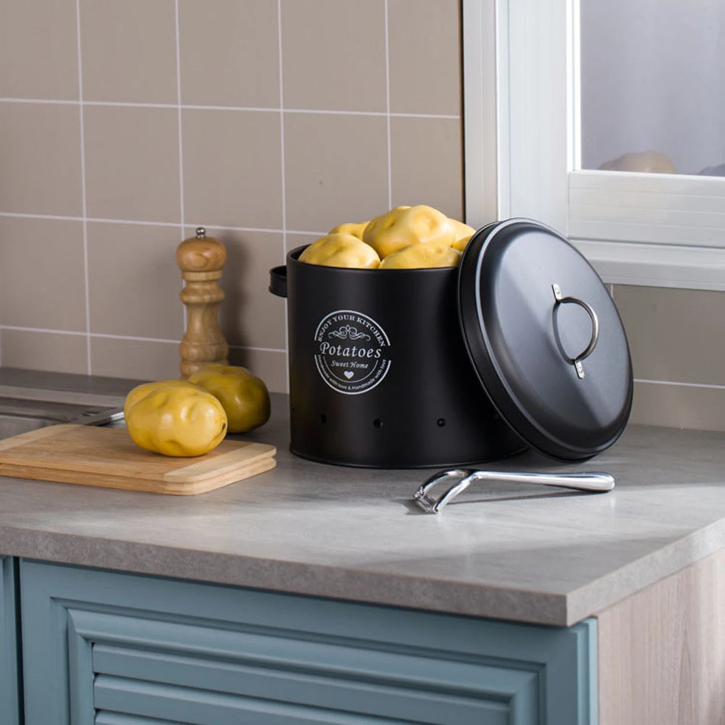 Potato Onion Garlic Storage Bin Metal with Airtight Lid for Pantry or Countertop