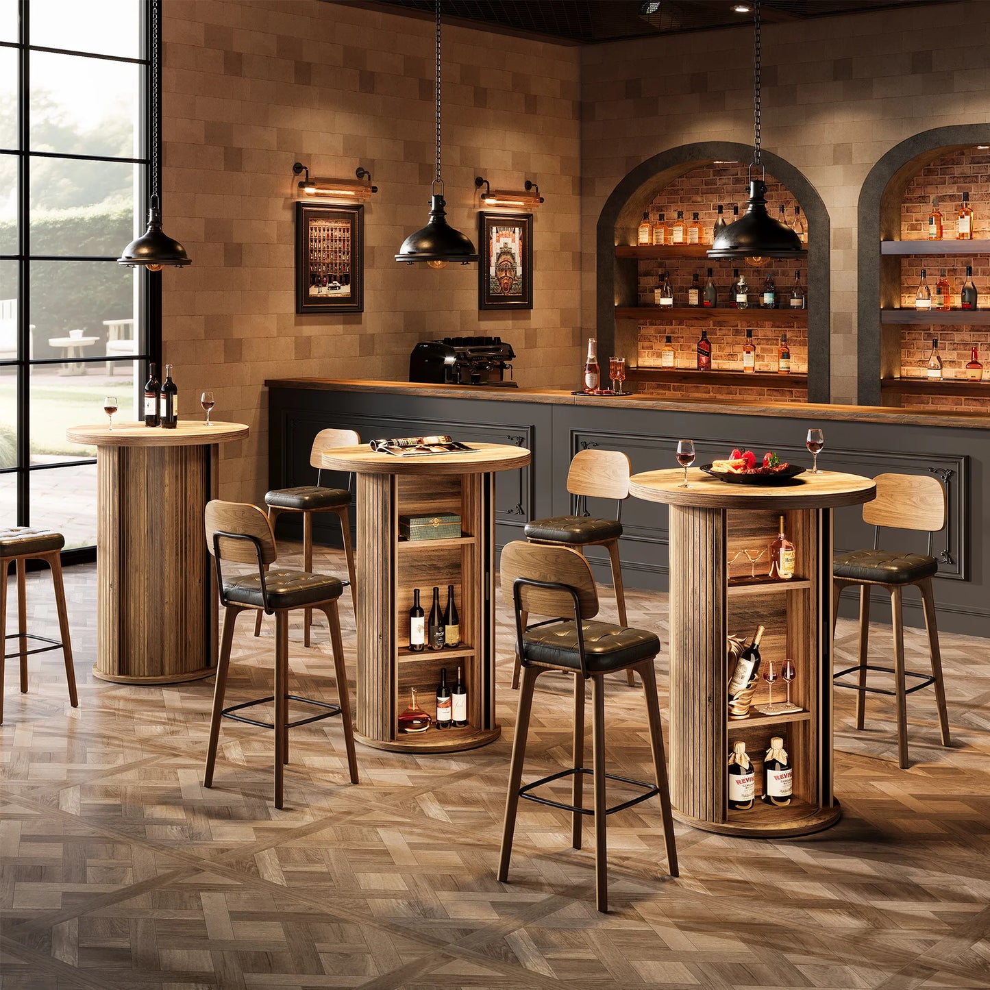 Round Pub Table, Rustic Cocktail Table with 3-Tier Hidden Storage Shelves