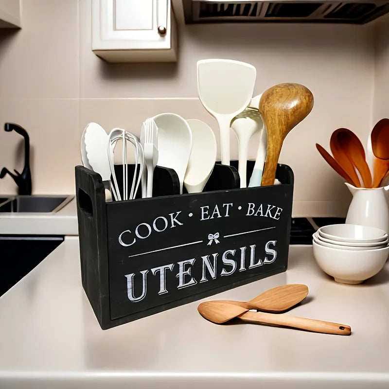 Solid Wood Kitchen Utensil Holder with Divider T