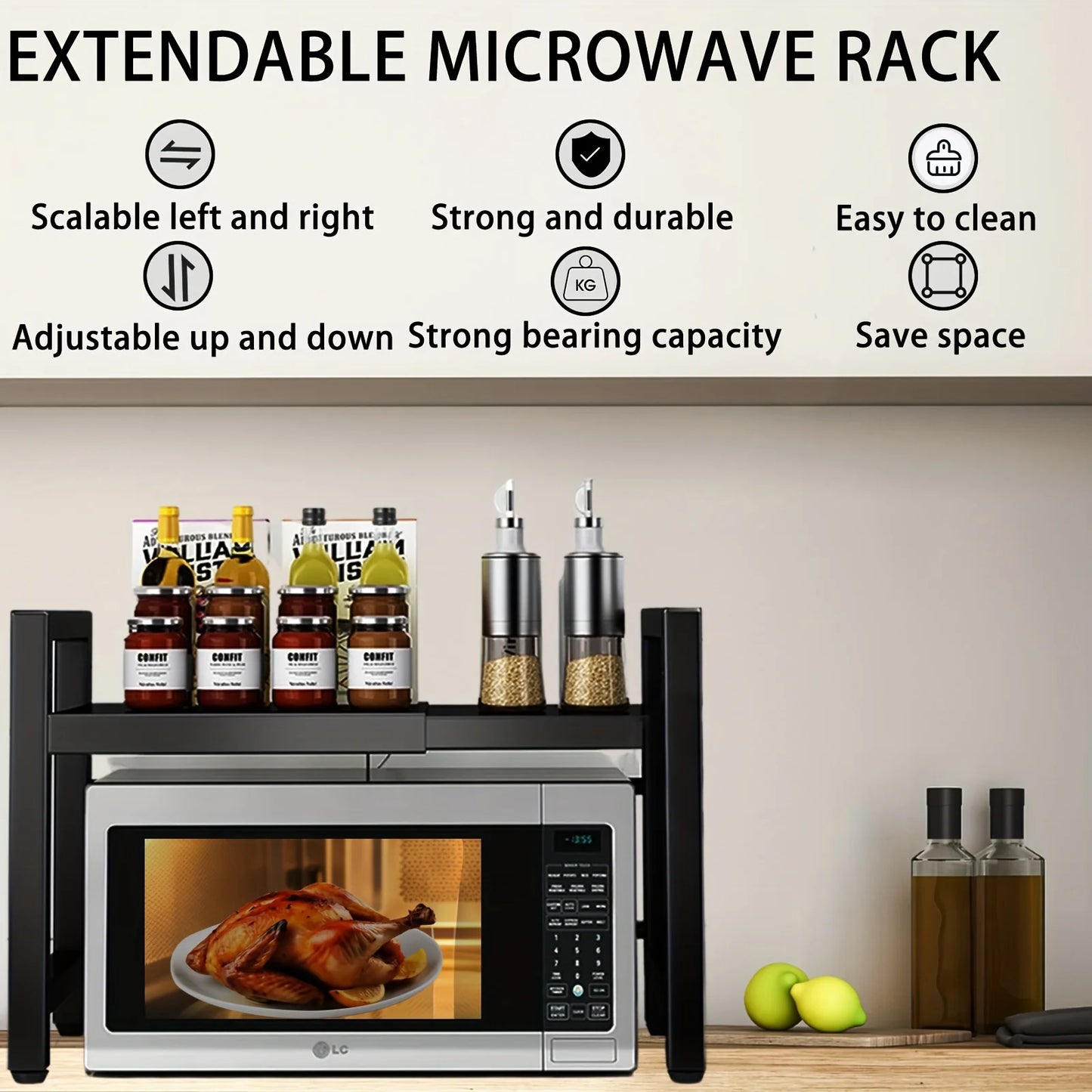 Adjustable Microwave Shelf (16"–25") – Expandable Kitchen Rack with 6 Hanging Hooks
