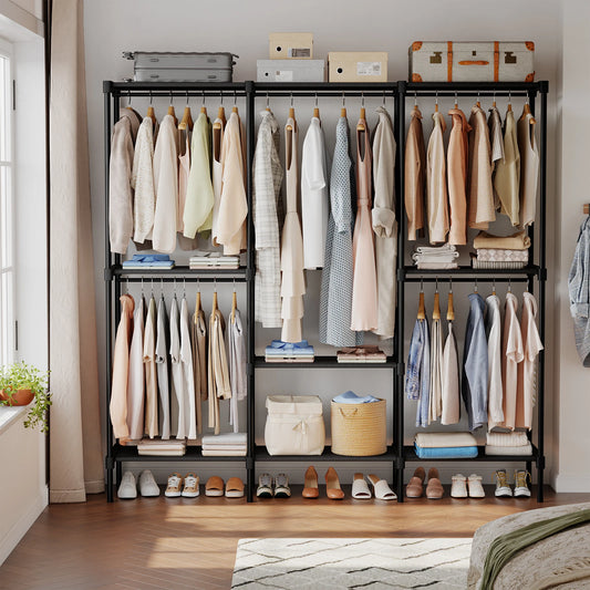 72IN to 81IN Portable Three Rows Wardrobe Closet with Hanging Rods with Shelves