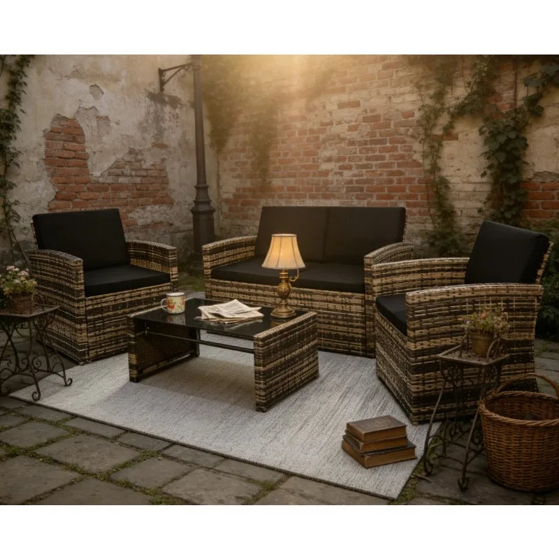 4‑Piece All‑Weather Rattan Sectional Sofa – Outdoor Patio Furniture Set with Cushions & Tempered Glass Table