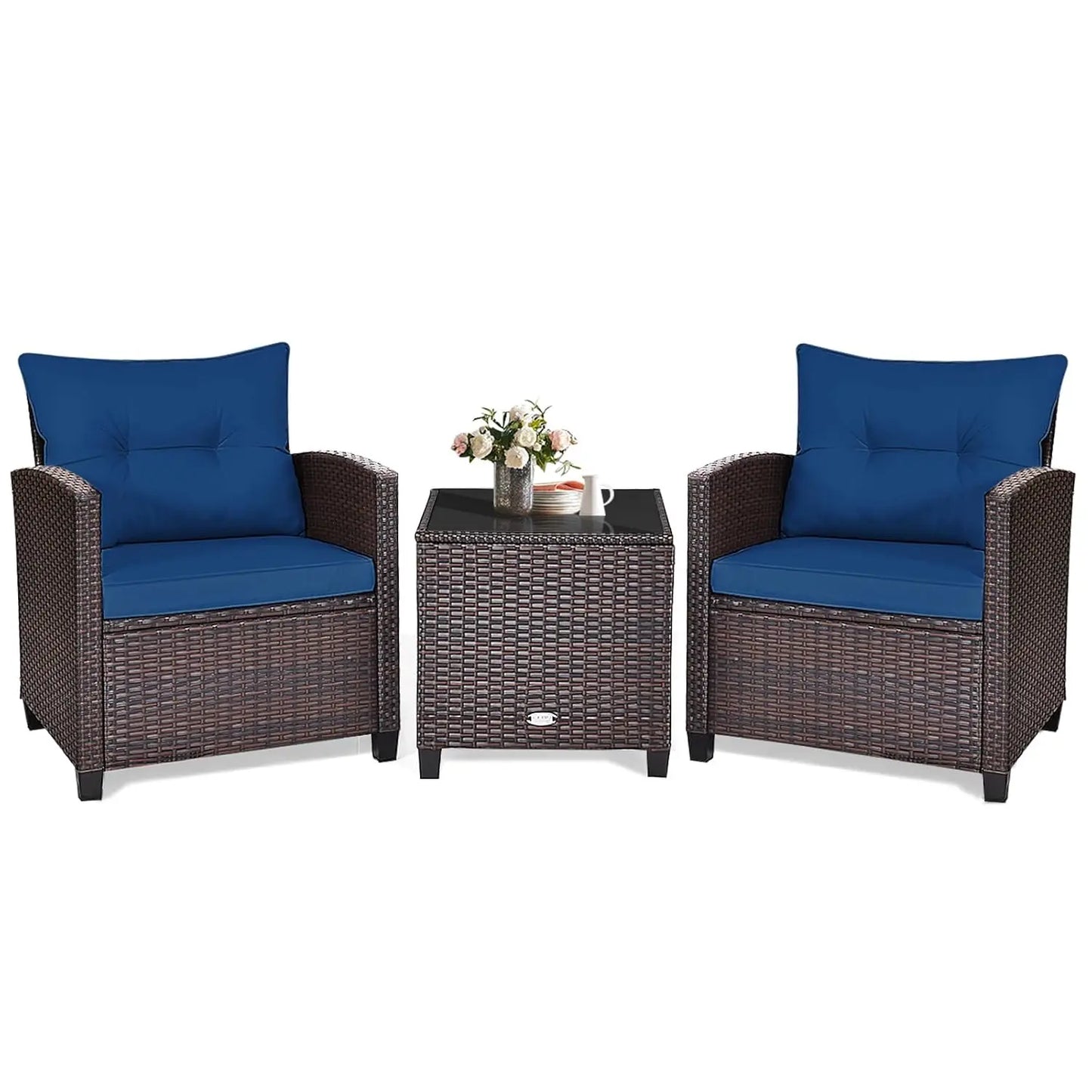 3‑Piece PE Rattan Patio Furniture Set – Outdoor Chairs with Washable Cushions & Tempered Glass Table (Multiple Colors)