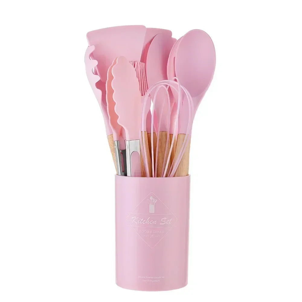 12‑Piece Non‑Stick Silicone Cooking Utensil Set – Wooden Handles, Heat‑Resistant Kitchen Tools with Storage Container