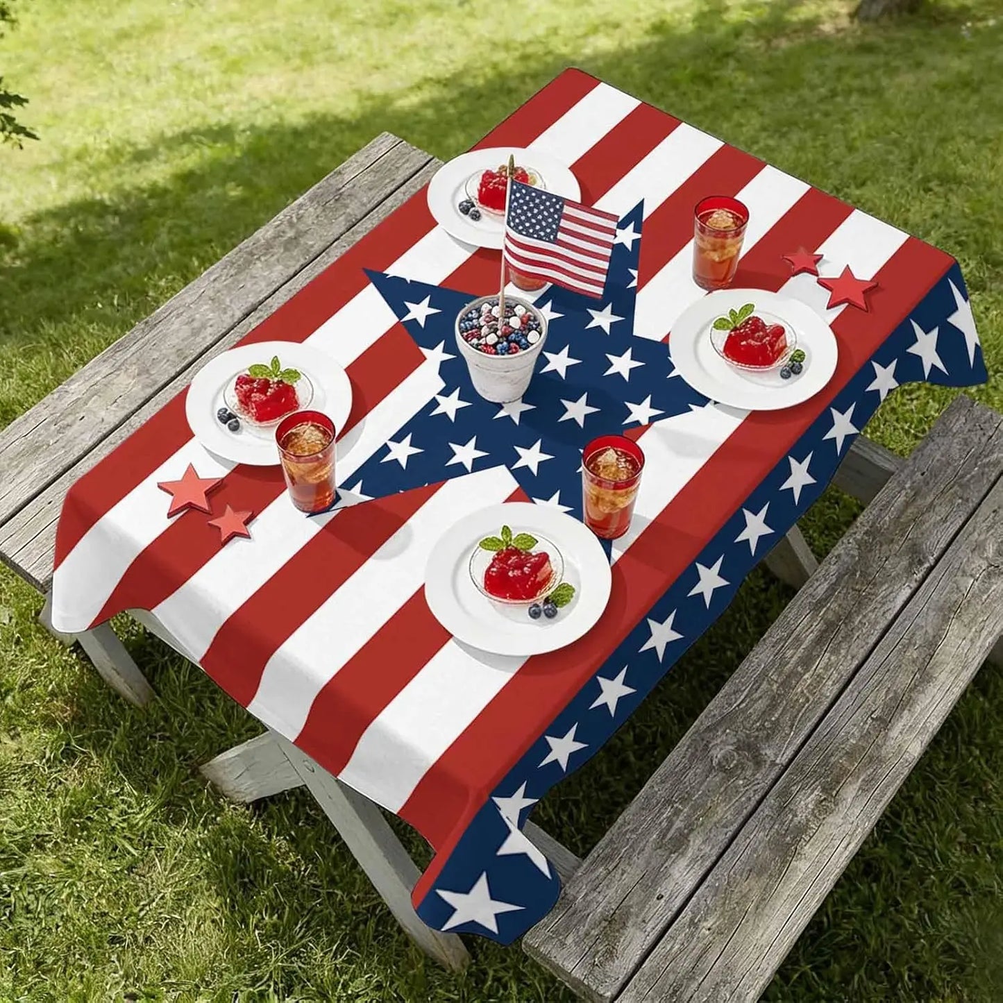 4th of July Patriotic Tablecloth – Red White Blue Stars & Stripes Table Cover for Holiday Party Decor