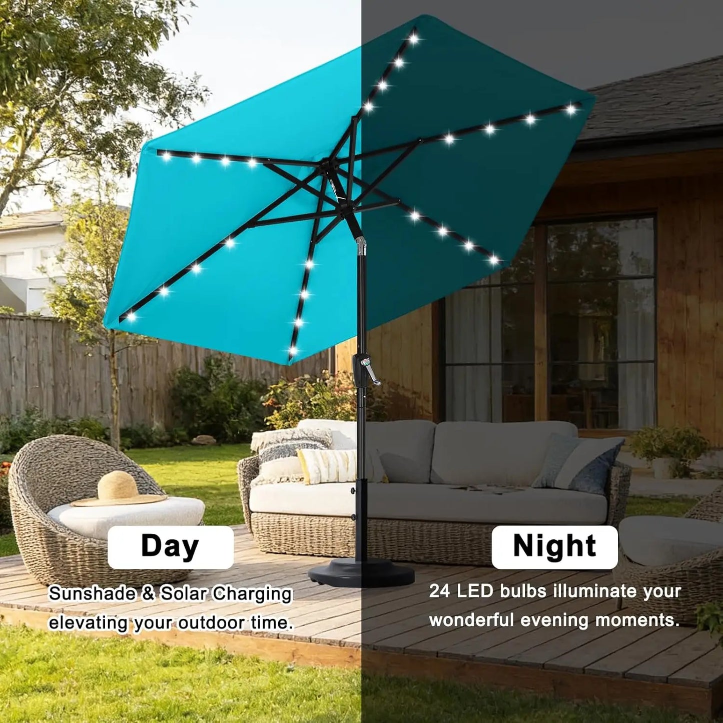 7.5FT Solar Patio Umbrella – Durable Outdoor Umbrella with 24 LED Lights for Garden & Backyard (Turquoise)