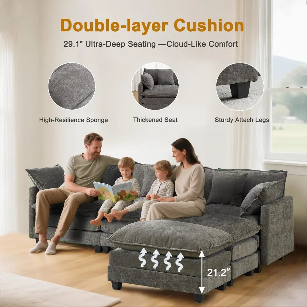 Modular Sectional Sofa with 2 Movable Ottomans, Deep Seats