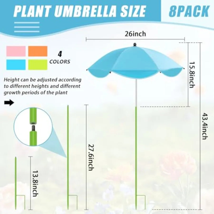 8‑Pack Plant Umbrellas – 26" Large Adjustable Shade with 43.4" Tall Stakes for Outdoor Garden Protection