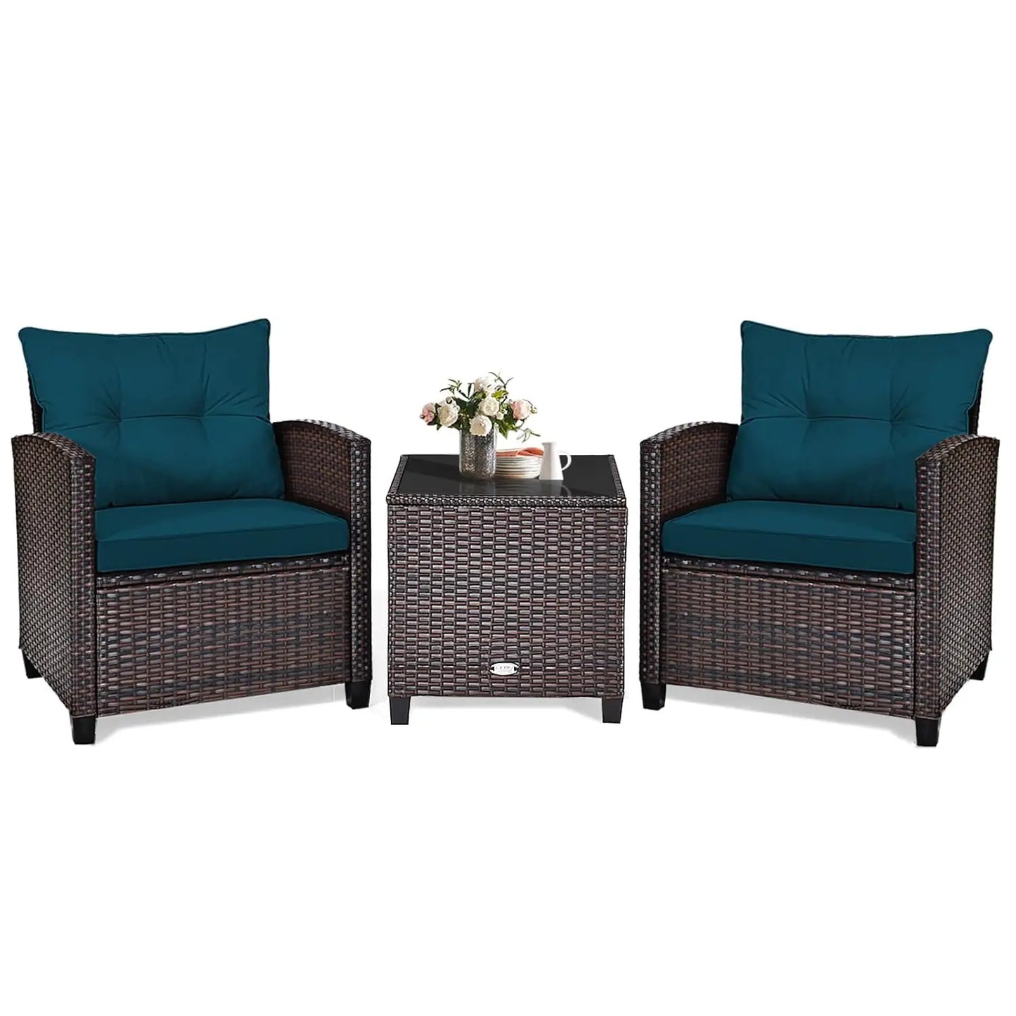 3‑Piece PE Rattan Patio Furniture Set – Outdoor Chairs with Washable Cushions & Tempered Glass Table (Multiple Colors)