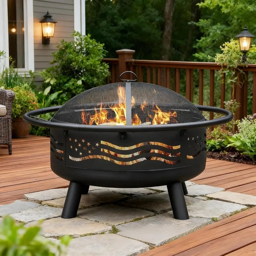 32" American Flag Fire Pit – Round Metal Wood‑Burning Firepit with Mesh Cover & Poker