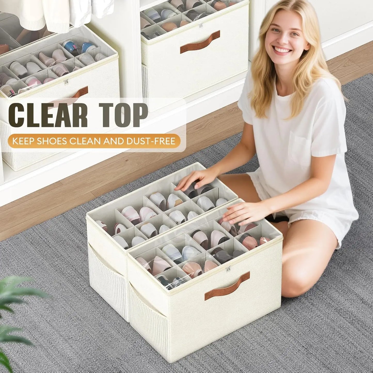 Foldable Shoe Storage Organizers (2‑Pack) – Adjustable Dividers & Clear Cover, Holds Up to 16 Pairs