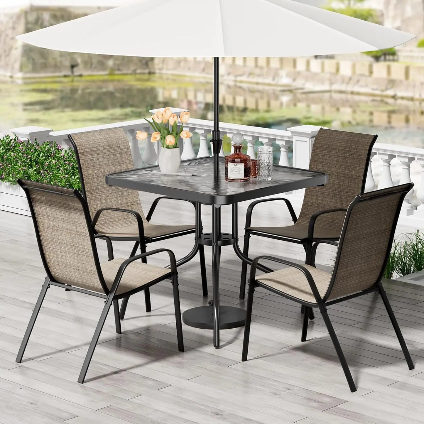 5‑Piece Patio Dining Set – All‑Weather Metal Furniture with 30"×30" Table & 4 Stackable Chairs