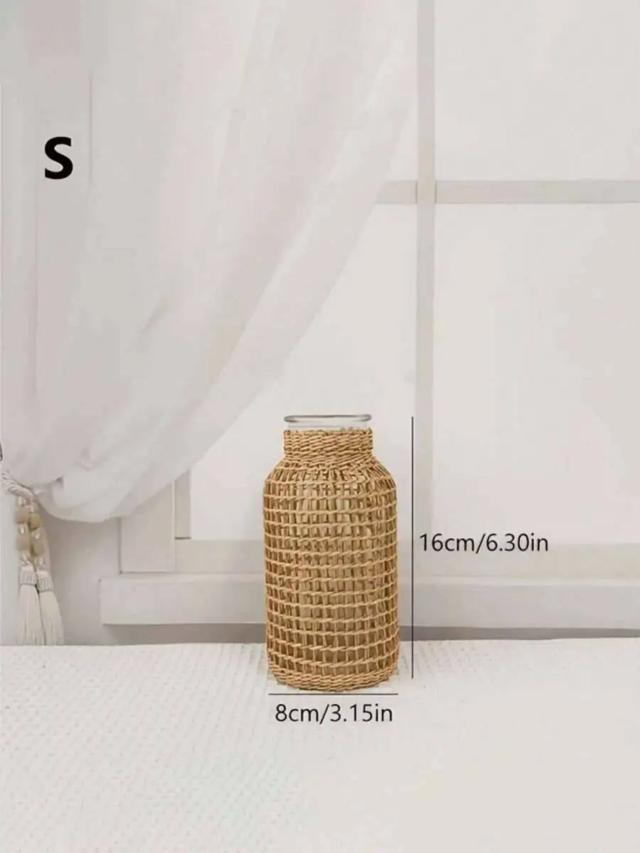 Woven Cylindrical Glass Vase – Decorative Desktop Planter for Home & Office