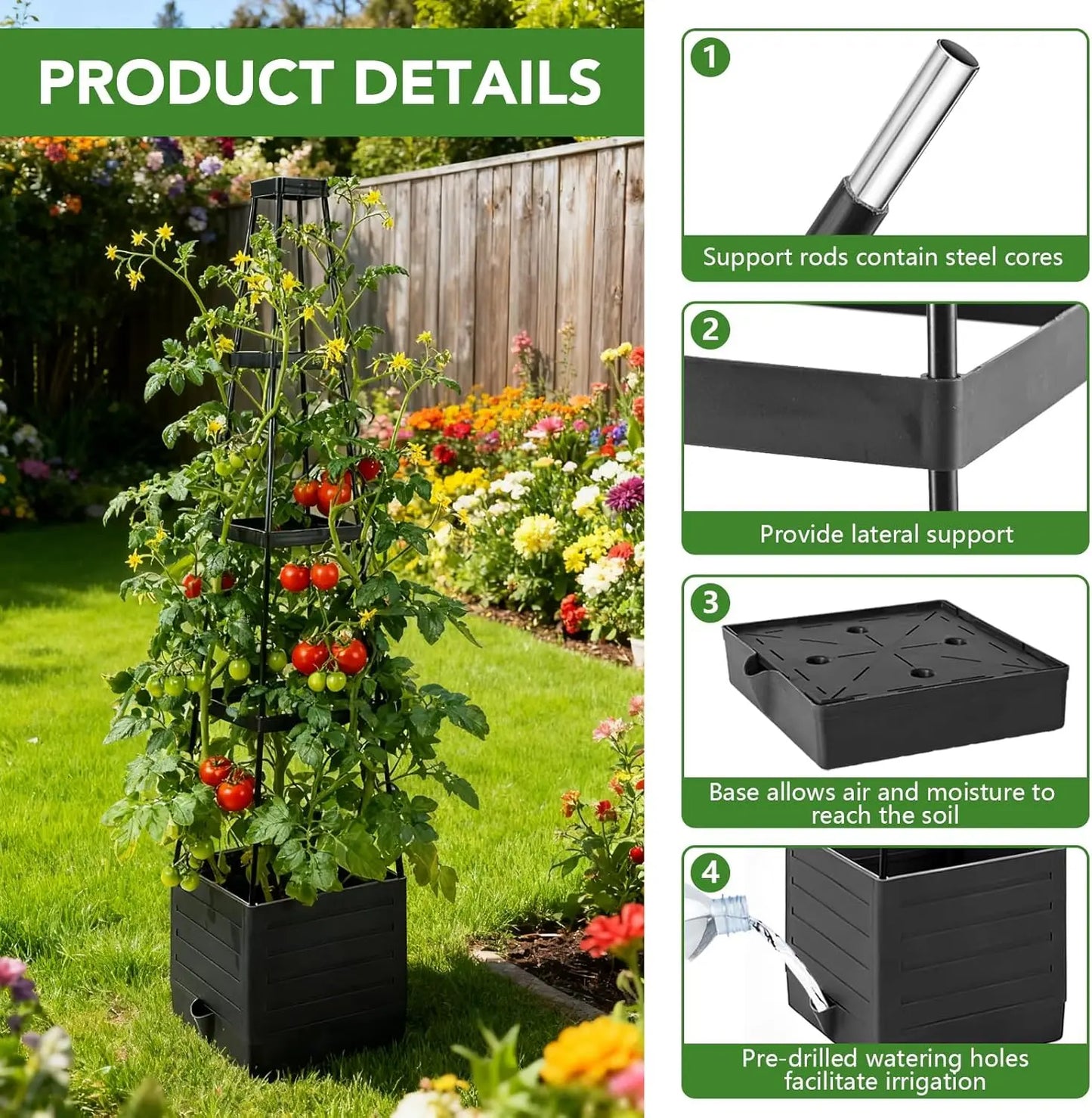 57" Self‑Watering Raised Garden Bed Set (2‑Pack) – Planter Boxes with Trellis for Tomatoes, Vines & Flowers