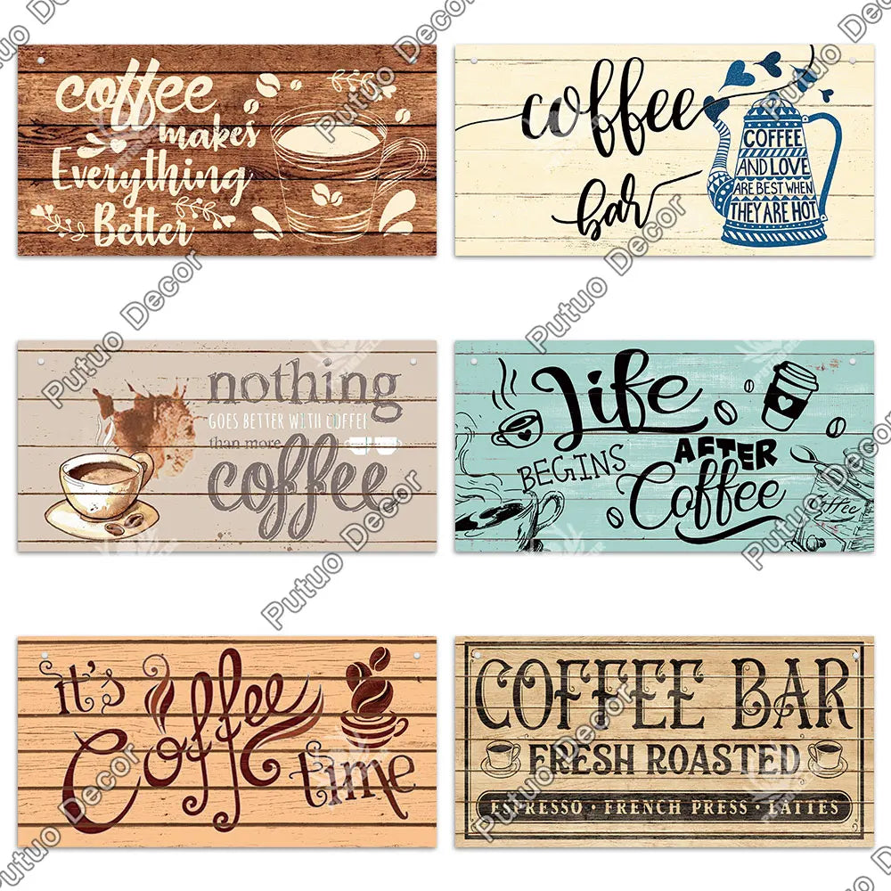 Decor Coffee Wooden Signs - Plaque Wood Plate Rustic Hanging for Cafe, Bar, or Kitchen