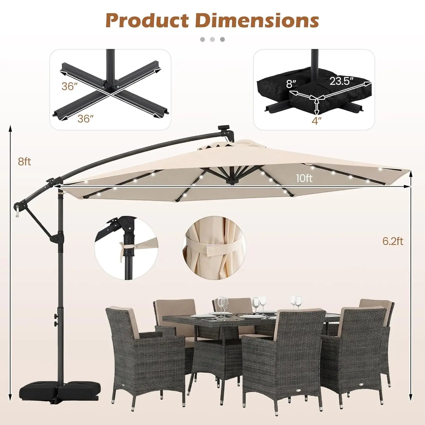 10FT Solar Cantilever Patio Umbrella with Base – Offset Umbrella with 32 LED Lights & Infinite Tilt