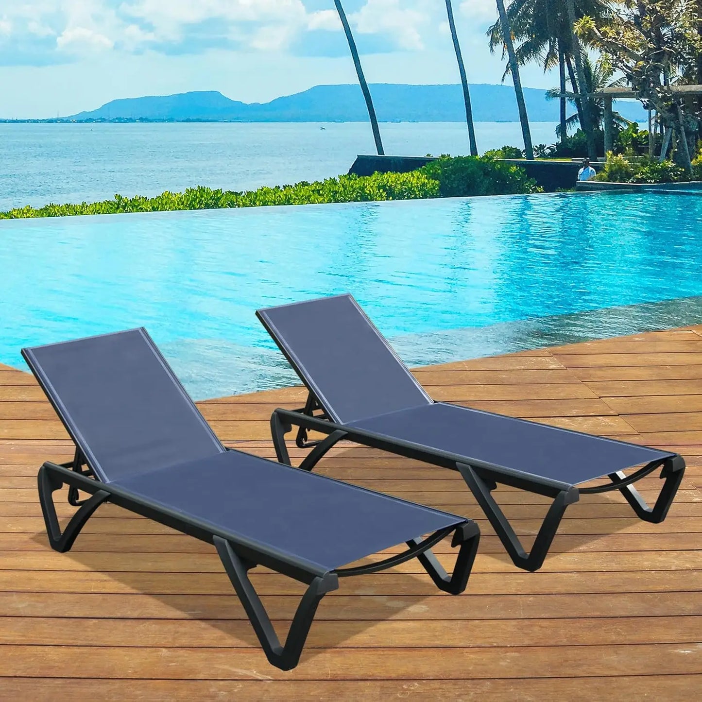 Lounge Chairs Set of 2, Aluminum Adjustable Outdoor Chaise Lounge with Wheels, All Weather