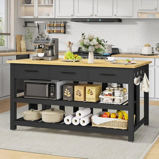60" Kitchen Island with Power Outlets, Ample Work Surface, 3 Drawers & 2 Shelves, Black Cottage Style