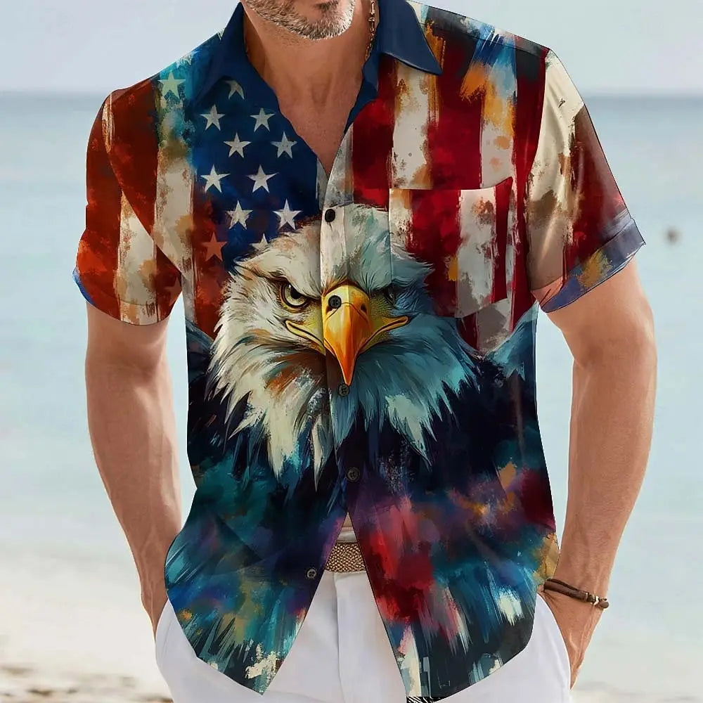 Men's Eagle US Flag America's 250th Anniversary Shirt Button Up Shirt Short Sleeve Vintage Retro Outdoor Summer Front One Pocket