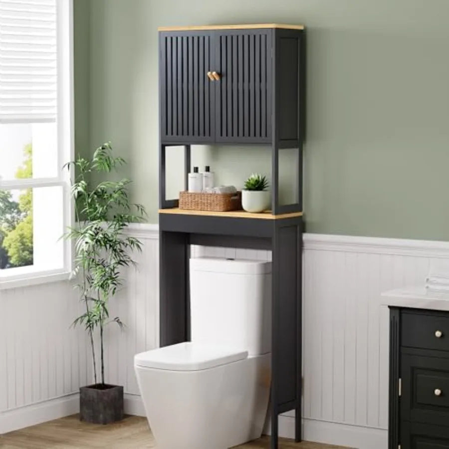 Over The Toilet Storage Cabinet with Breathable Bamboo Doors, 3-Tier