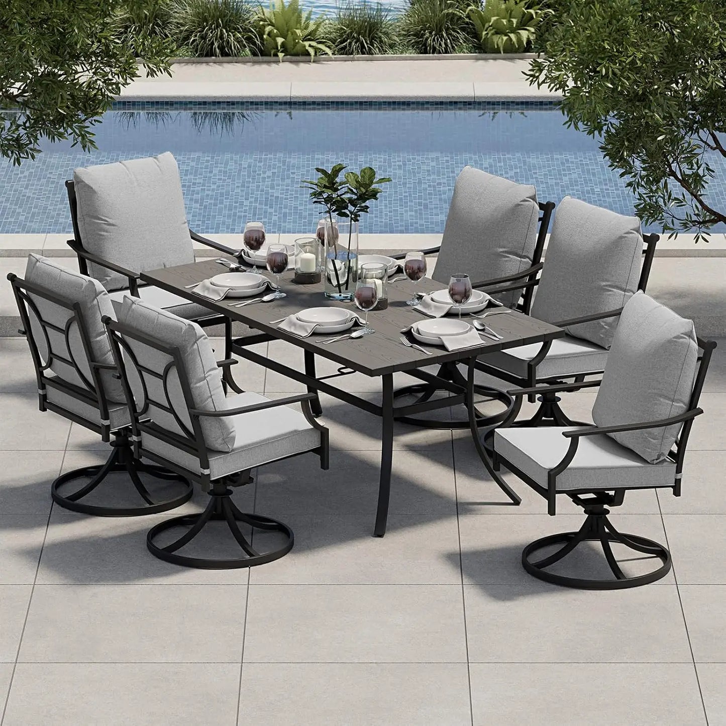 7-Piece Patio Dining Set for 6, Outdoor  with Swivel Chairs