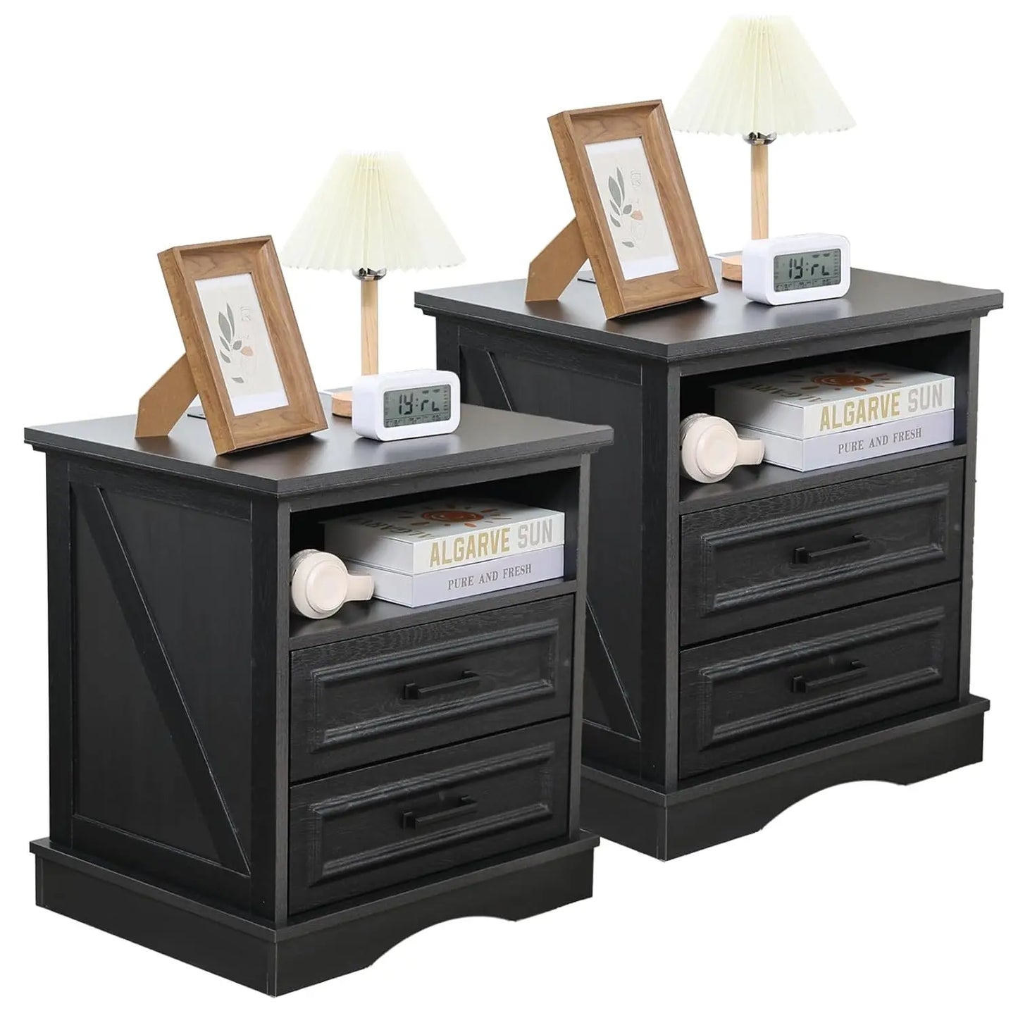 Farmhouse Nightstand Set of 2 – Wood Bedside Tables with Charging Station and 2 or 3 Drawers