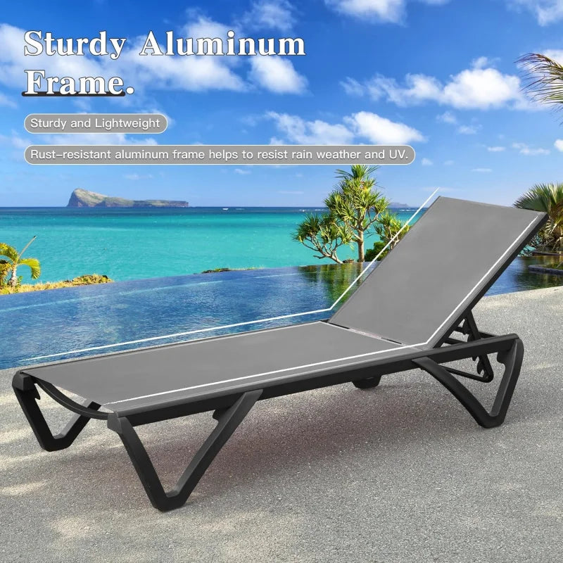 Lounge Chairs Set of 2, Aluminum Adjustable Outdoor Chaise Lounge with Wheels, All Weather