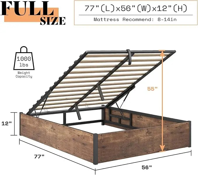 Queen Bed Frame with Lift up Storage, Wooden Platform