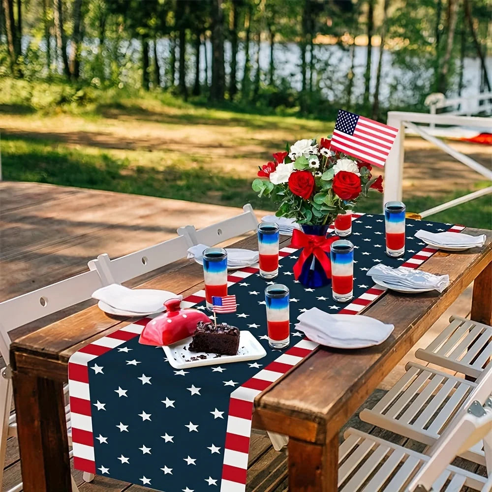 Patriotic American Flag Linen Table Runner - Stars & Stripes 4th of July Decor, Accent for Independence Day Party