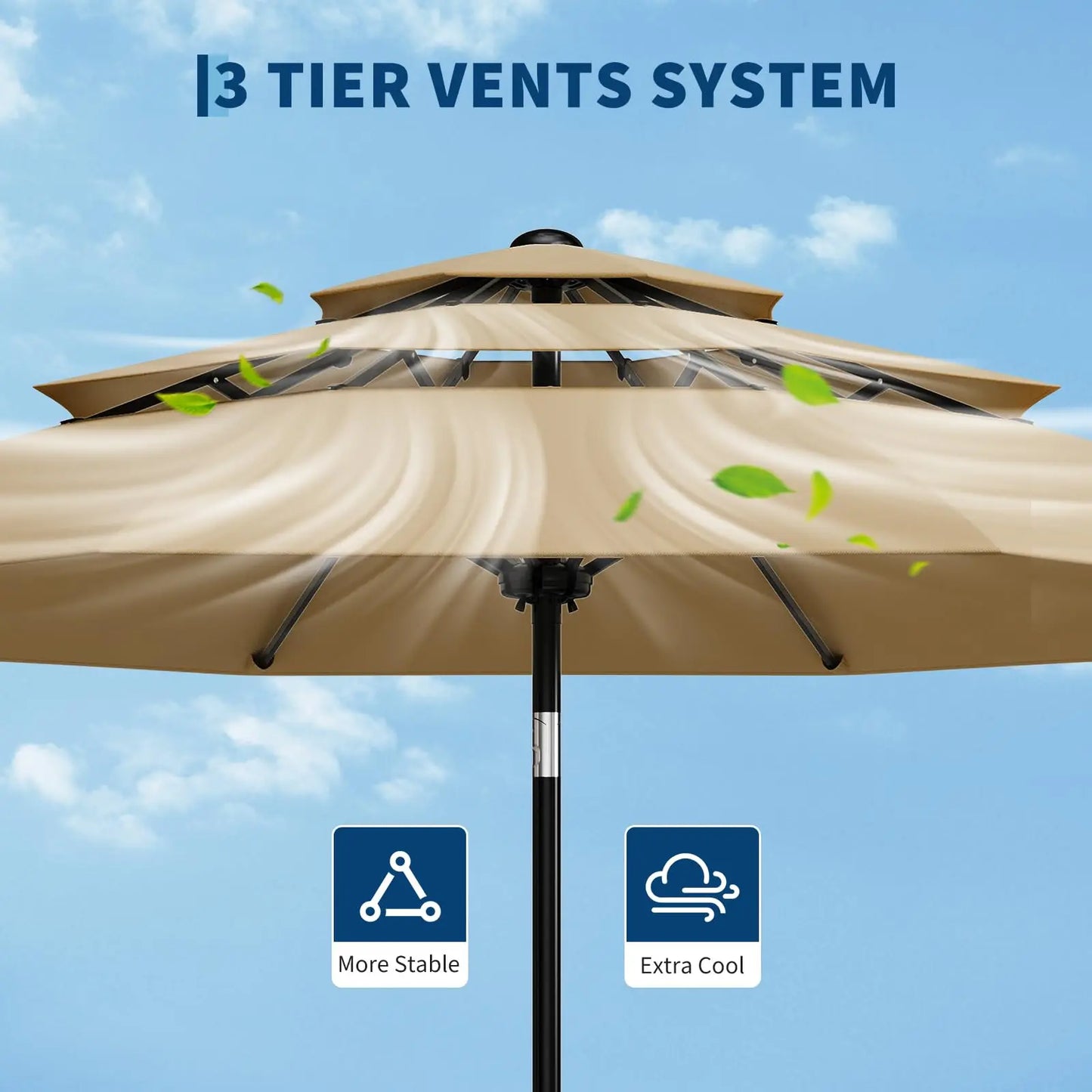 10FT 3‑Tier Patio Umbrella – Vented Outdoor Market Umbrella with Crank & Tilt, Fade‑Resistant Sunshade