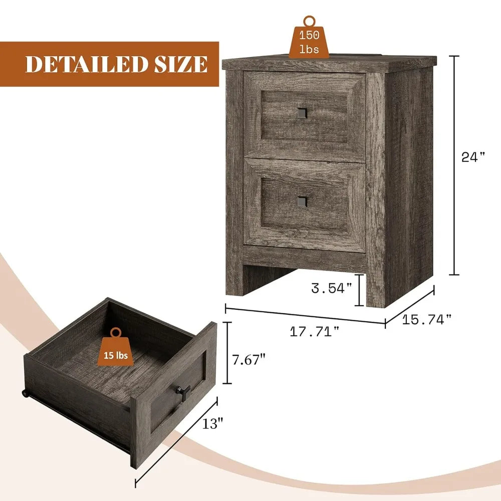 Set of 2 Farmhouse Nightstands – Rustic Bedside Tables with Storage & Charging Outlets
