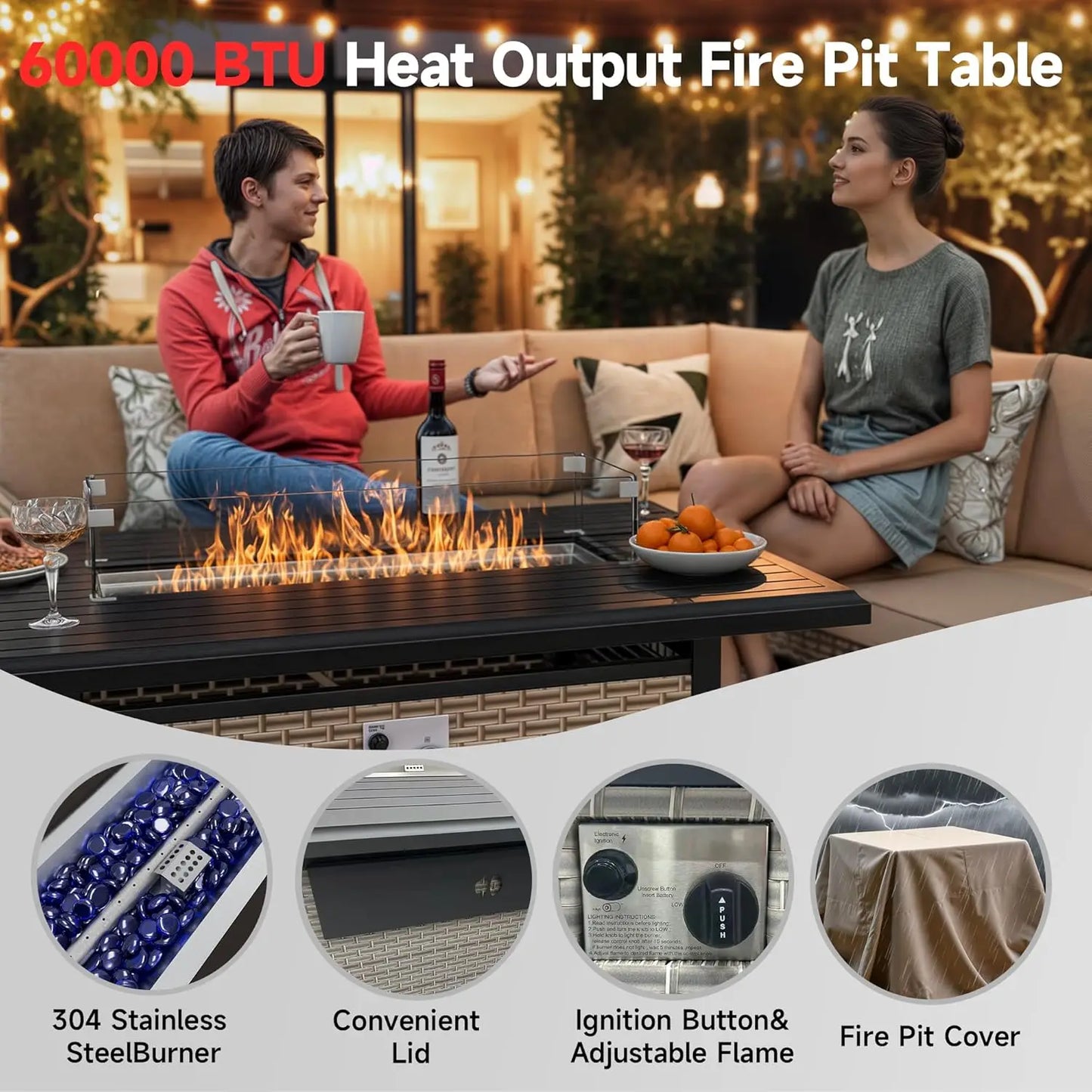 8‑Piece Outdoor Sectional Sofa Set – Fire Pit Table, Ottomans & Thick Cushions, Modern Rattan Design