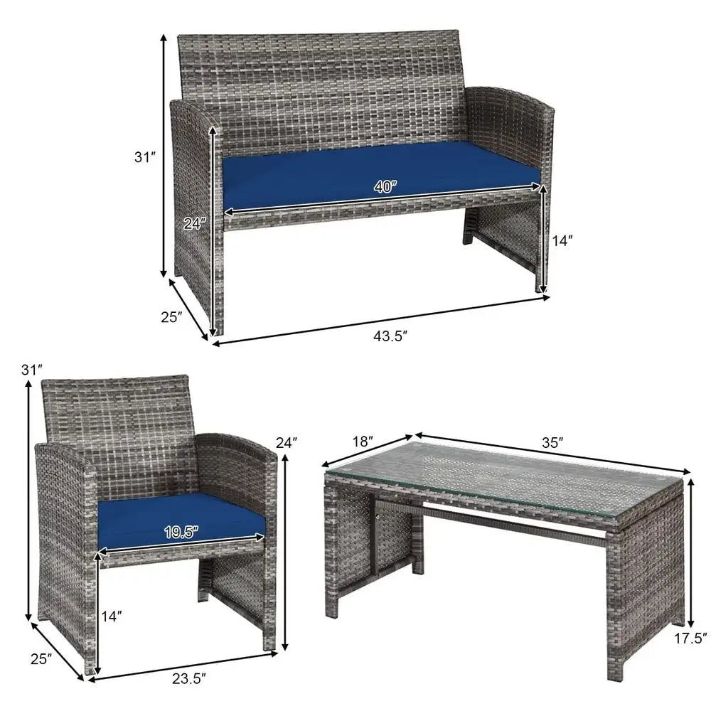 4 Piece Wicker Patio Furniture Set with Soft Cushions Tempered Glass Coffee Table