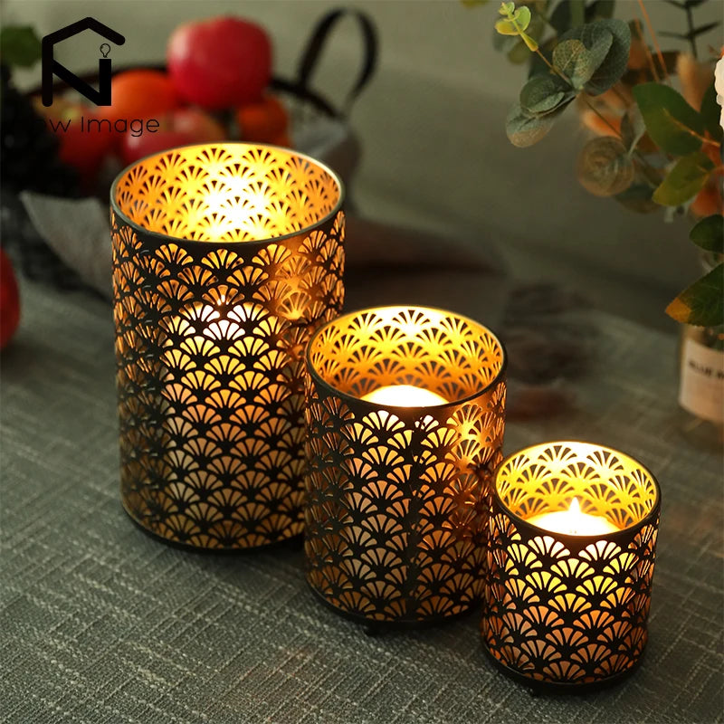 3‑Piece Fan‑Pattern Metal Candle Holder Set – Decorative Home Accent for Tabletop or Shelf
